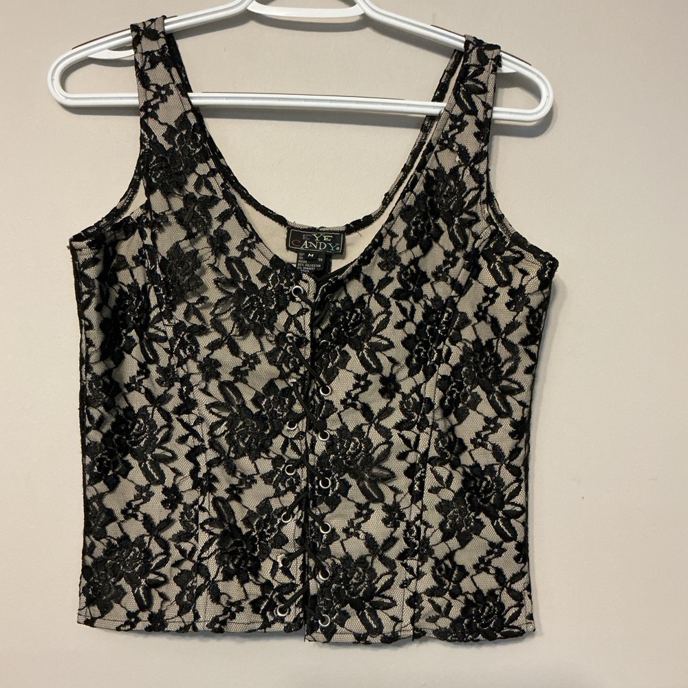 eye candy Black Lace Overlay Beige Camisole Top